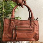 Brown leather shoulder hand bag satchel purse boxy briefcase style gold tone accents, multiple pockets #western #boho #indie Approx 12” wide x 7” tall x 3.5” deep Photo 0