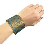 Artisan Gold Tone Floral Engraved Cuff Bracelet Boho Blue Green Photo 0
