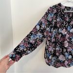 DALIA Black Lilac Lavender Purple Gray Floral Split Neck Long Sleeve Blouse Work Size L Photo 3