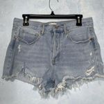 Simple Society Light Wash Blue Fringe Distressed Ripped Button Fly Jean Shorts 7 Photo 1