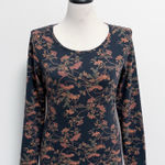 Peruvian Connection  Navy Blue Orange Floral Long Sleeve Knit Slim Fit Top Medium Photo 0