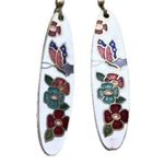 Vintage Enamel Flower & Butterfly Brass Earrings Pierce Dangle Work Gold Tone White Photo 1
