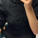 ZARA High Collar Cable Knit Sweater With Tonal Beads & Shorts Sleeves Photo 0