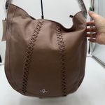 OR YANY Taupe Leather Hobo Shoulder Bag Braided Detail Top Zip Exterior Pocket Brown Photo 4