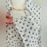 EXPRESS  Portofino Shirt Top Size S White Blue Anchor Long Roll Tab Sleeve Career Photo 6