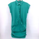 Sara Roka Teal Ruched Collared Button Up Mini Dress Medium Italy Designer Luxury Green Photo 3