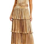 Mac Duggal Gold Metallic Plissé Square Neck Pleated Ruffle Belt Detail Dress 8 Photo 0