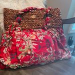 Blue Miami Vintage Weaved w/ Red Floral Fabric Satchel Purse 21x17 Inch BIG Photo 0