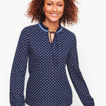 Talbots  Pleated Dark & Light‎ Blue Dots Tie Neck Top Size Medium Photo 0