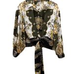 Soho NYC Green/Gold Scarf Print Front Tie Blouse S Photo 9