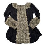 Free People Free People Blouse Womens Medium Black Beige Boho Tapestry Peasant Tunic Top Photo 2