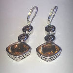 Silver Tone Citrine Amber CZ Rhinestone Dangling Boho Pierced Earrings Photo 2