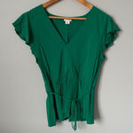 J by J. Crew Emerald Green V Neck Flutter Sleeve Tie Waist Top Size 8 Photo 0
