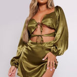 Pretty Little Thing New Olive Satin Cut Out Tie Detail Shift Mini Dress Womens 4 Photo 0