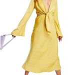 ASOS  Design Tie Front Plunge Satin Yellow Long Sleeve Cut Out Midi Dress US 6 Photo 0