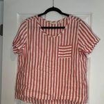 Christian Siriano 100% Linen Red and White Striped Short Sleeve Top High Photo 0