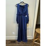 NWT IEENA Mac Duggal Plunge Neck Long Sleeve Satin Gown in Midnight Size 10 Blue Photo 3