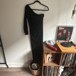 Black One Shoulder Long Sleeve Ruched Maxi Dress Slit Size M Photo 2