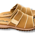 Clarks  Canvas Tan And White Hook And Loop Stripe Slide Women's Size 9M Slip On Photo 0