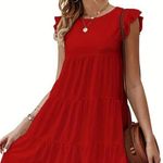 Red Solid Ruffle Trim Dress, Elegant Crew Neck Dress Size M Photo 0