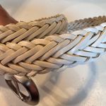 Vintage White Woven Leather Belt Braided Womens M Silver Tone Brass Hardware Photo 3