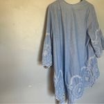 Boutique  Open Front Cardigan Blue with White Embroidered Floral Long 3/4 Sleeves Photo 3