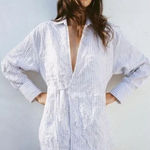 ZARA  Blue & White Oversized Crushed Striped Wrap Shirt Photo 0