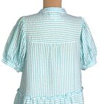 &merci &merci Aqua White Striped Seersucker Tiered Mini Dress S Half Button Puff Sleeve Photo 6