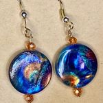 Blue Rainbow Coin w Tangerine Orange Crystals Earrings Photo 0