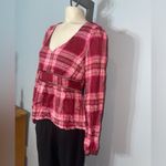 Jun & Ivy Francesca’s  burgundy pink plaid v-neck peplum blouse top NWT large Photo 1