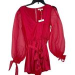Fanco Women Romper Sheer V Neck Lace Long Sleeve Tie Waist Red Sz. Medium NWT Photo 0