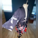 Open Front Flowers Crane Print Kimono Cardigan Photo 5