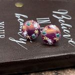 Vintage 1970s Purple Floral Glass Cabochon Earrings Stainless Steel Photo 6