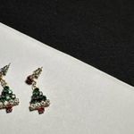 Rhinestone Christmas Tree Pierced Earrings & Brooch Pin Matching Set Gold Tone Photo 7
