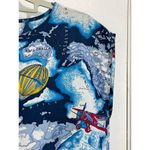 Vintage Van MacDowell Silk Blouse Medium Blue Hot Air Balloons Map Clouds 80s Photo 2