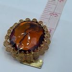 Vintage huge W.Germany facetted amber colored glass brooch. Gold Photo 6