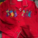 Red Denim Jacket Christmas Theme Stockings Womens large Trucker Casual Photo 1