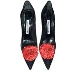 Manolo Blahnik Sohemias 105 Polka Dot Mesh Pumps Black With Flower Appliqué Photo 3