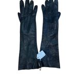 1960s French Cocktail Long Black Leather Ladies Gloves Vintage Below Elbow Photo 3