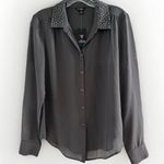 Guess NWT  Women’s Button Up Blouse Tuxedo Grey Beaded Sheer Sz Small‎ Office Photo 0