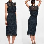 ZARA  Contrasting Black/Teal Sleeveless Lace Ruffled Midi Shift Dress Photo 1