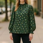 NEW Green Gold Polka Dot Size XL Womens Ruffle High Neck Long Sleeve Blouse Photo 0