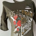 Derek Heart NWT  Army Green Distressed Short Sleeve Graphic T-Shirt Tunic Medium Photo 2