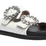 Schutz Ariel Crystal-Buckle Sporty Slide White Snake Croc Sandals Size 10 B Photo 0