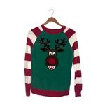 Ugly Christmas Sweater Ugly Christmas Green Red & White Reindeer Crewneck Striped Long Sleeve Sweater Photo 1