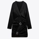 ZARA NEW  JEWEL‎ TRIM SATIN EFFECT DRESS BLACK LONG SLEEVE V NECK BUCKLE Photo 5