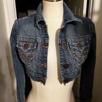 Haute Monde S - Denim Cropped Jacket Butterfly embroidered & rhinestone on the back NWOT Photo 0