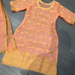 Indian Pakistani New Light Peach & Gold Organza Cotton Blend Stitched 2pc Suit Size M Photo 6