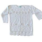 Vintage Chunky Knit embroidered Cream Beige Sweater crochet lace roses large Photo 0