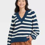 Target A New Day Blue & White Striped V-neck Knitted Nautical Baggy Sweater Photo 0